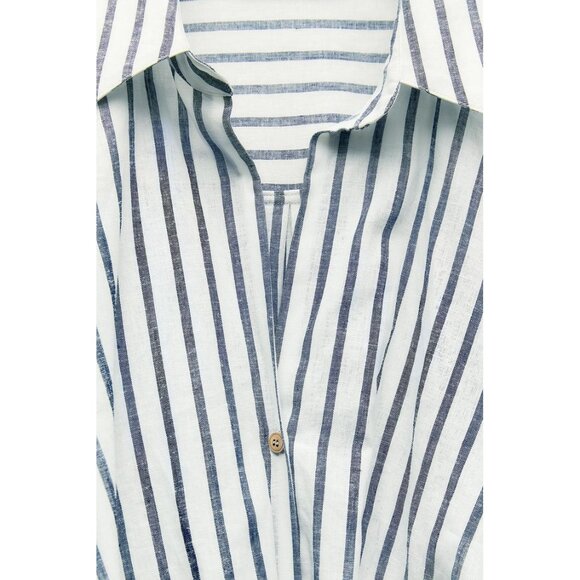 Zara Striped Linen Blend Knotted Twist Front Button Front Shirt Size S White - Picture 5 of 16